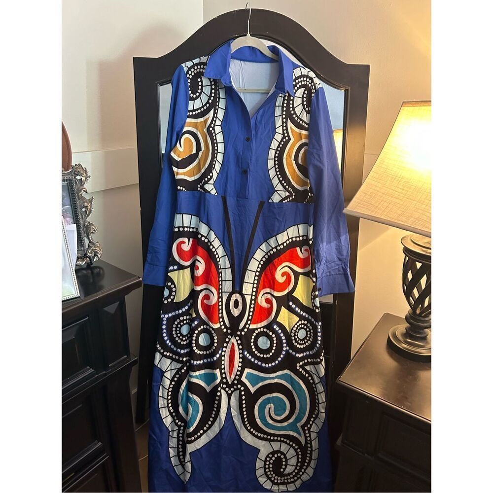 New African Deep V Neck 3/4 Sleeve High Slit Dashiki Maxi Dress 2X